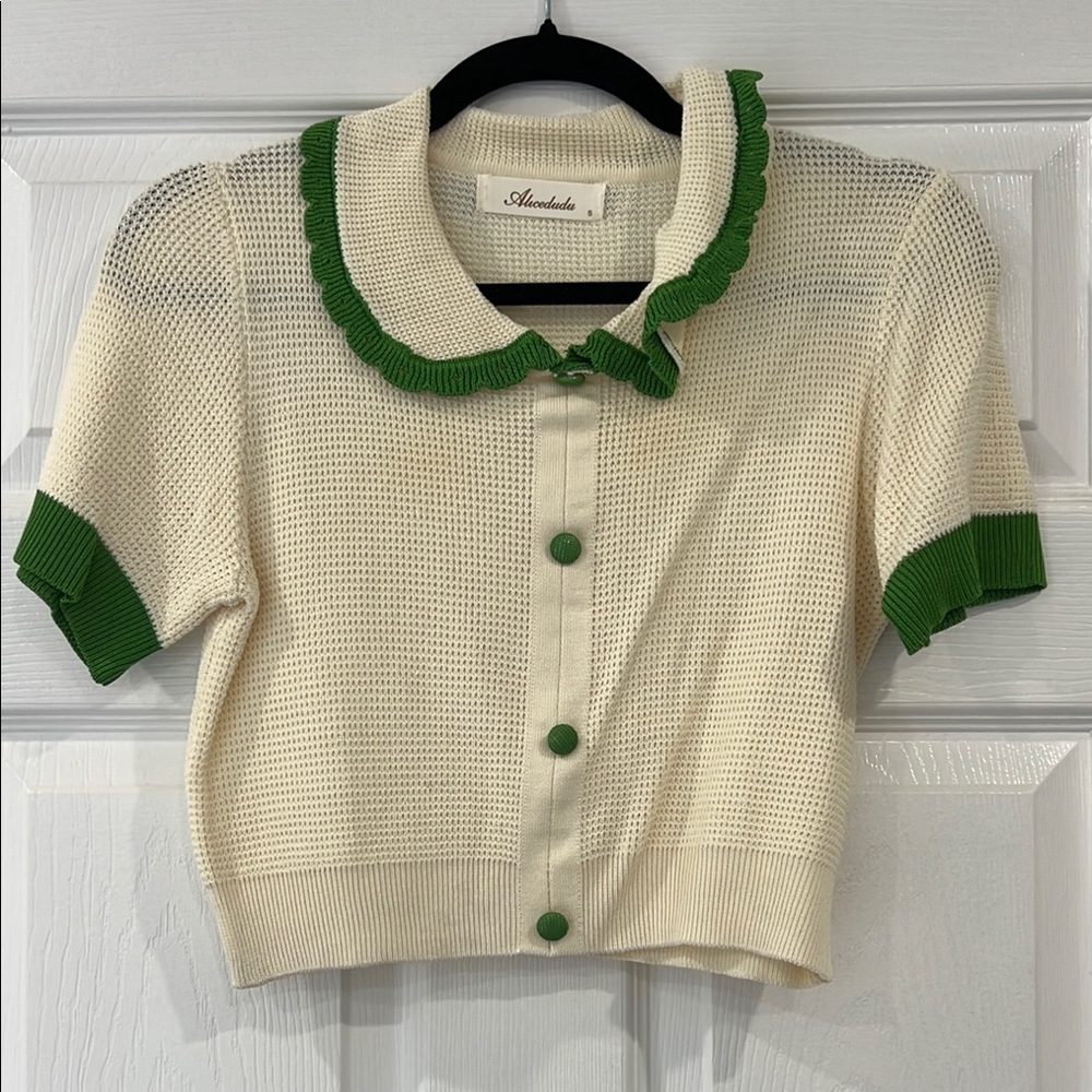Cream and Green Knit Top